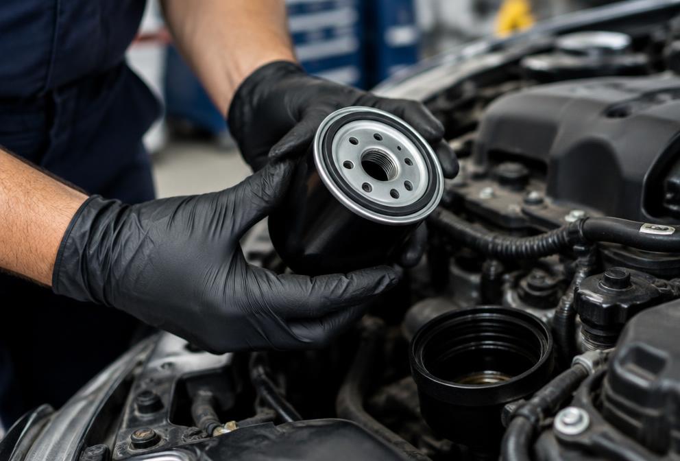 Mechanik trzymający nowy filtr oleju