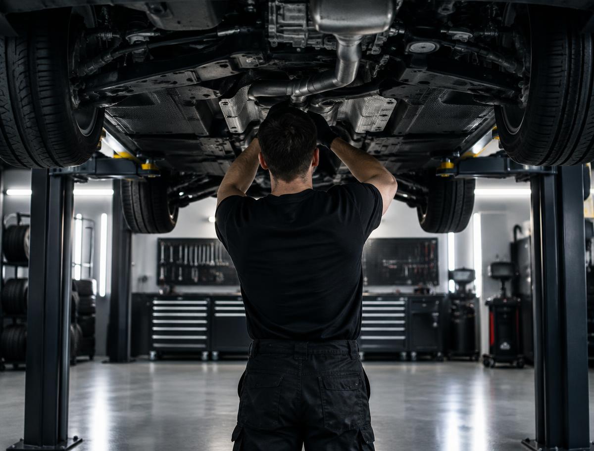 Mechanik pracujący pod samochodem na podnośniku